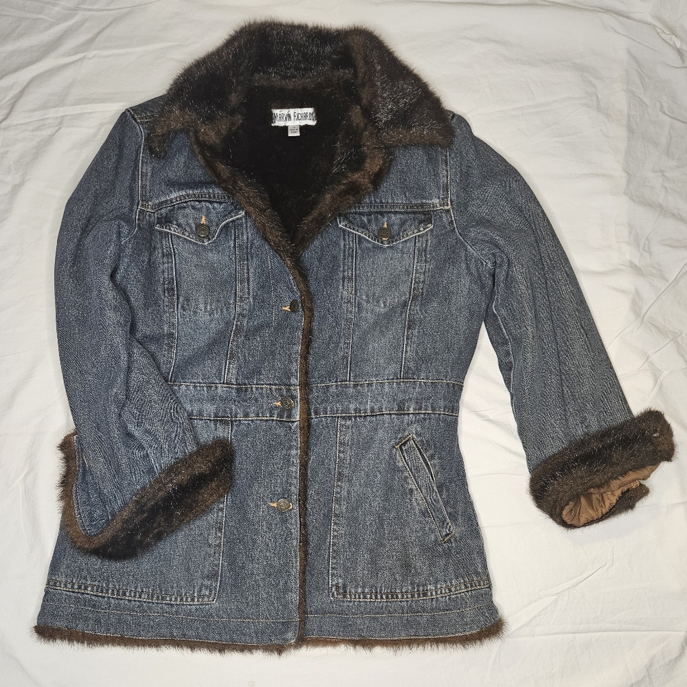 Marvin Richards Denim Fur Lined Collar Button Down Jacket Parka Overcoat Sz M